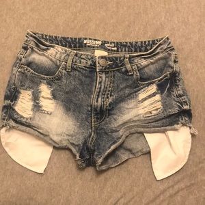 High waisted blue acid-wash jean shorts